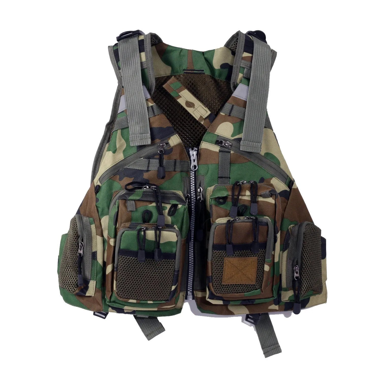 Grey fishing life jacket safety vest with multiple chest pockets and adjustable straps on mannequin