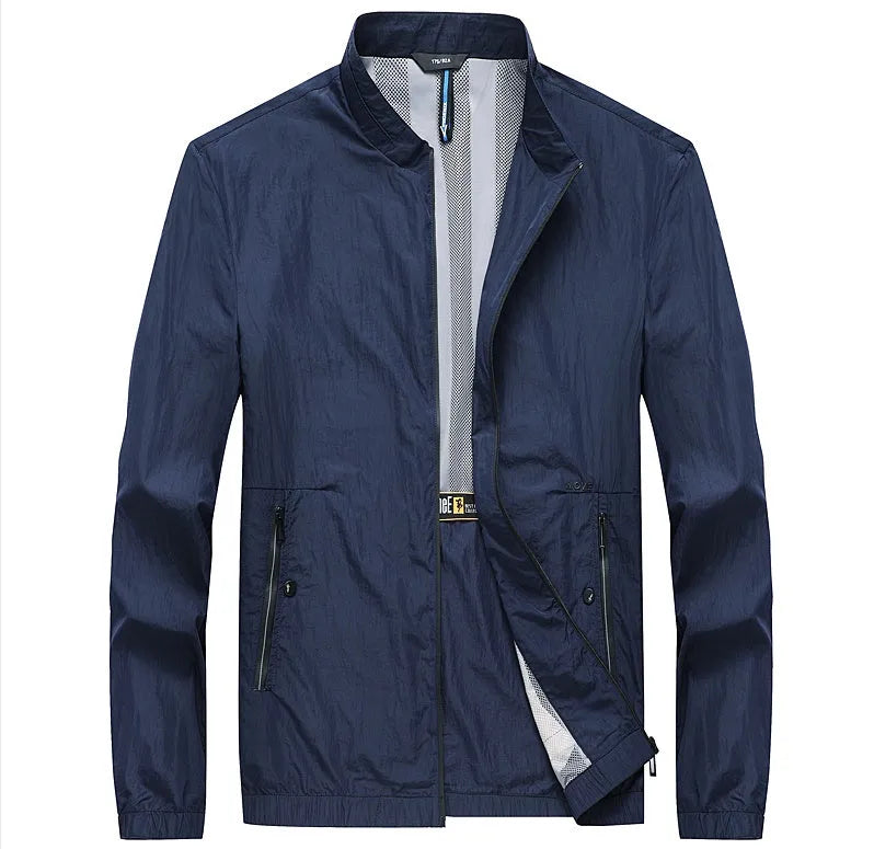 Kentino men's blue long-sleeved summer shirt with UPF sun protection on a hanger