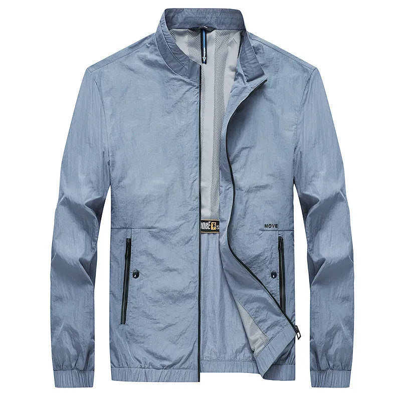 Kentino men's blue long-sleeved summer shirt with UPF sun protection on a hanger