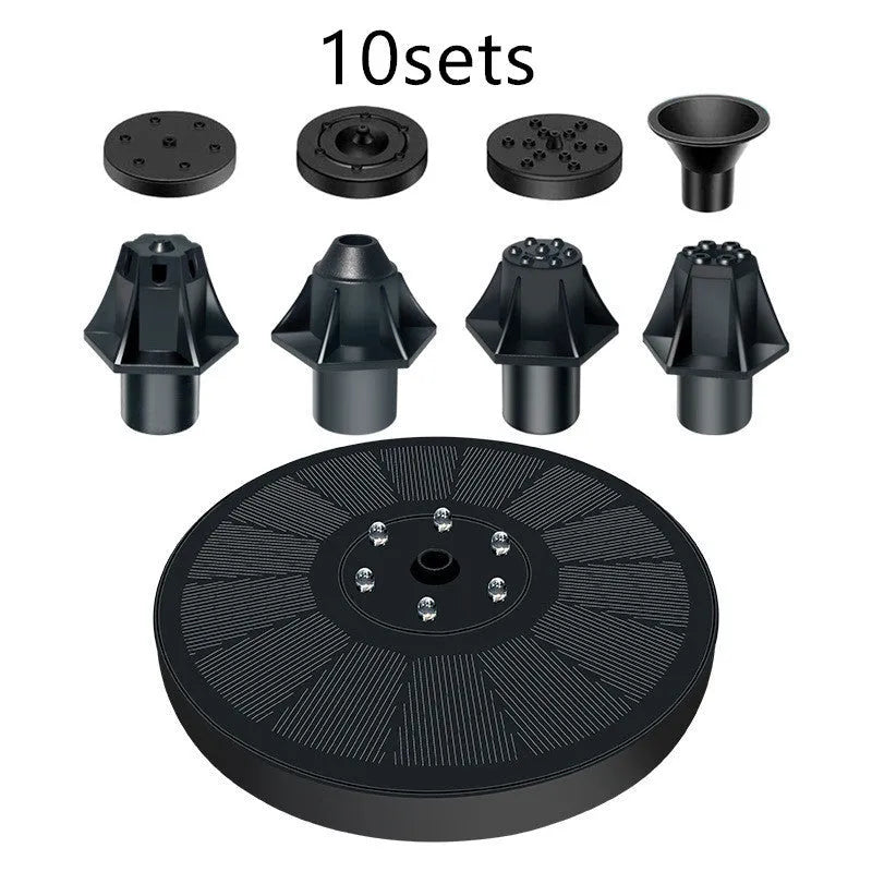 Black solar-powered floating fountain pump with four spray nozzles on a solar panel for garden ponds