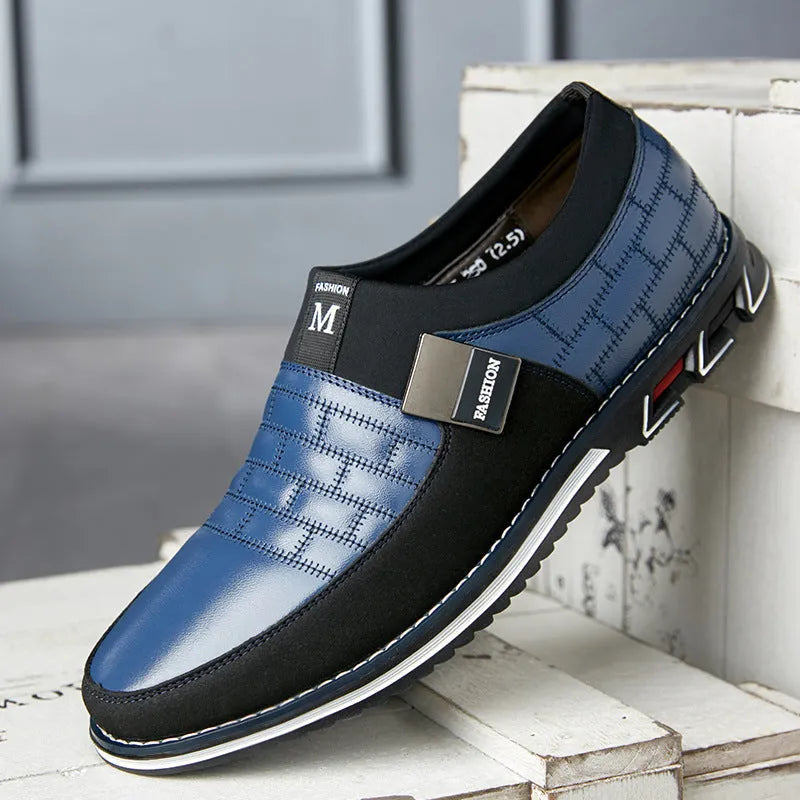 Men's genuine leather casual shoes in blue, black, and brown colours showing low-cut design