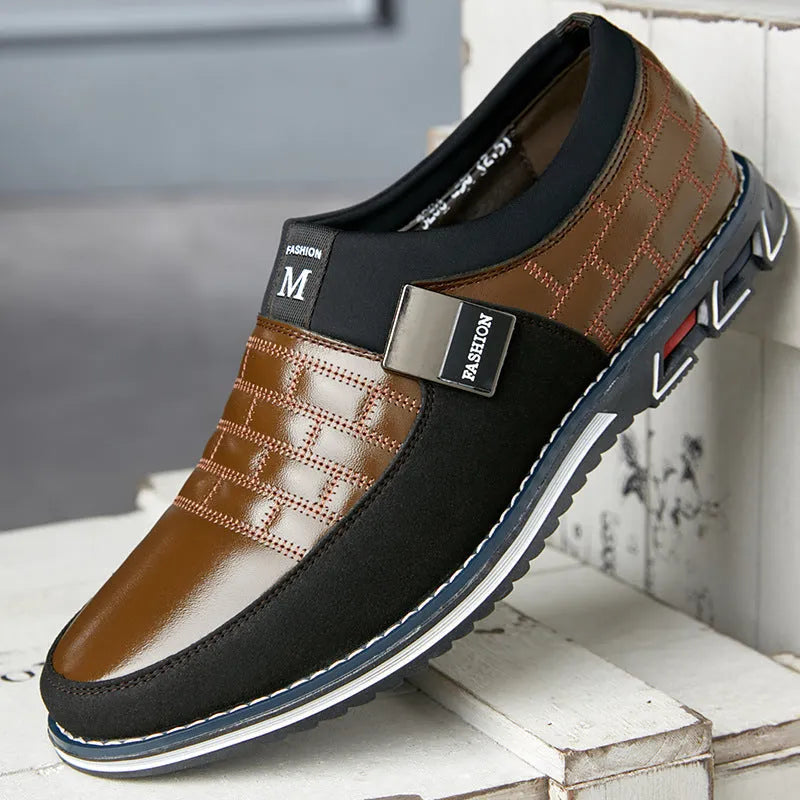 Men's genuine leather casual shoes in blue, black, and brown colours showing low-cut design