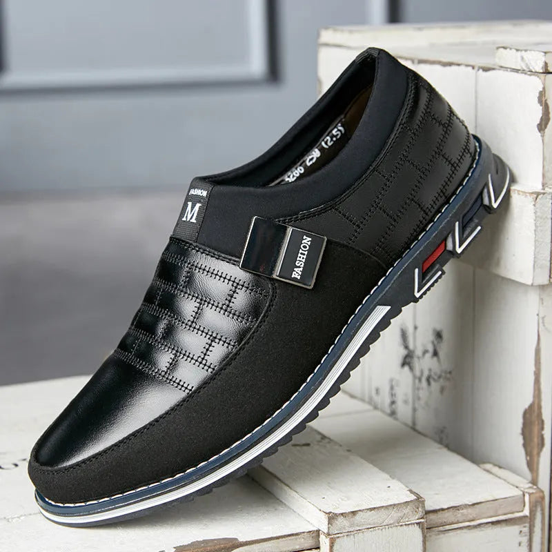 Men's genuine leather casual shoes in blue, black, and brown colours showing low-cut design