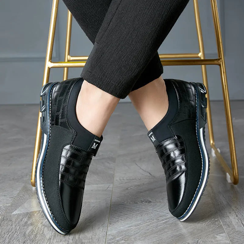 Men's genuine leather casual shoes in blue, black, and brown colours showing low-cut design
