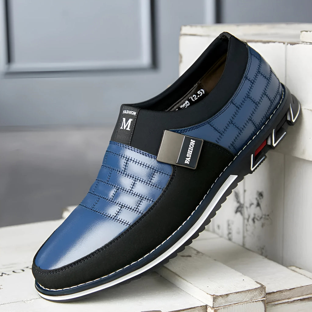 Men's genuine leather casual shoes in blue, black, and brown colours showing low-cut design