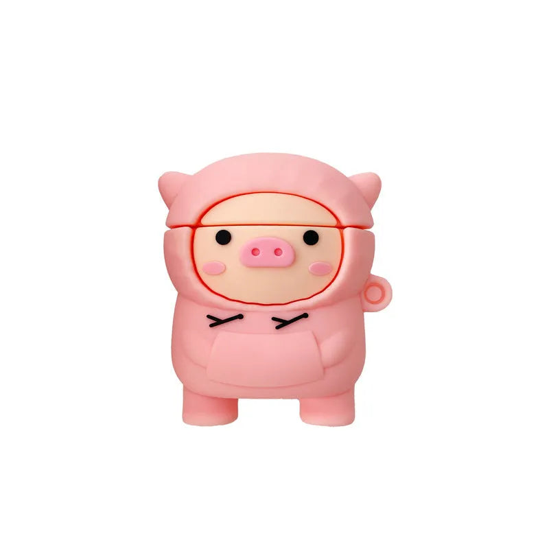 Pink silicone flip cover case for AirPods with a cartoon pig design and a metal keychain hook.