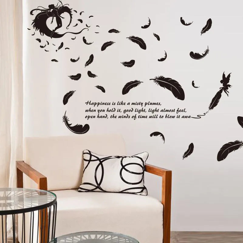 Black feather angel design removable wall sticker measuring 50x70cm for bedroom and living room decoration