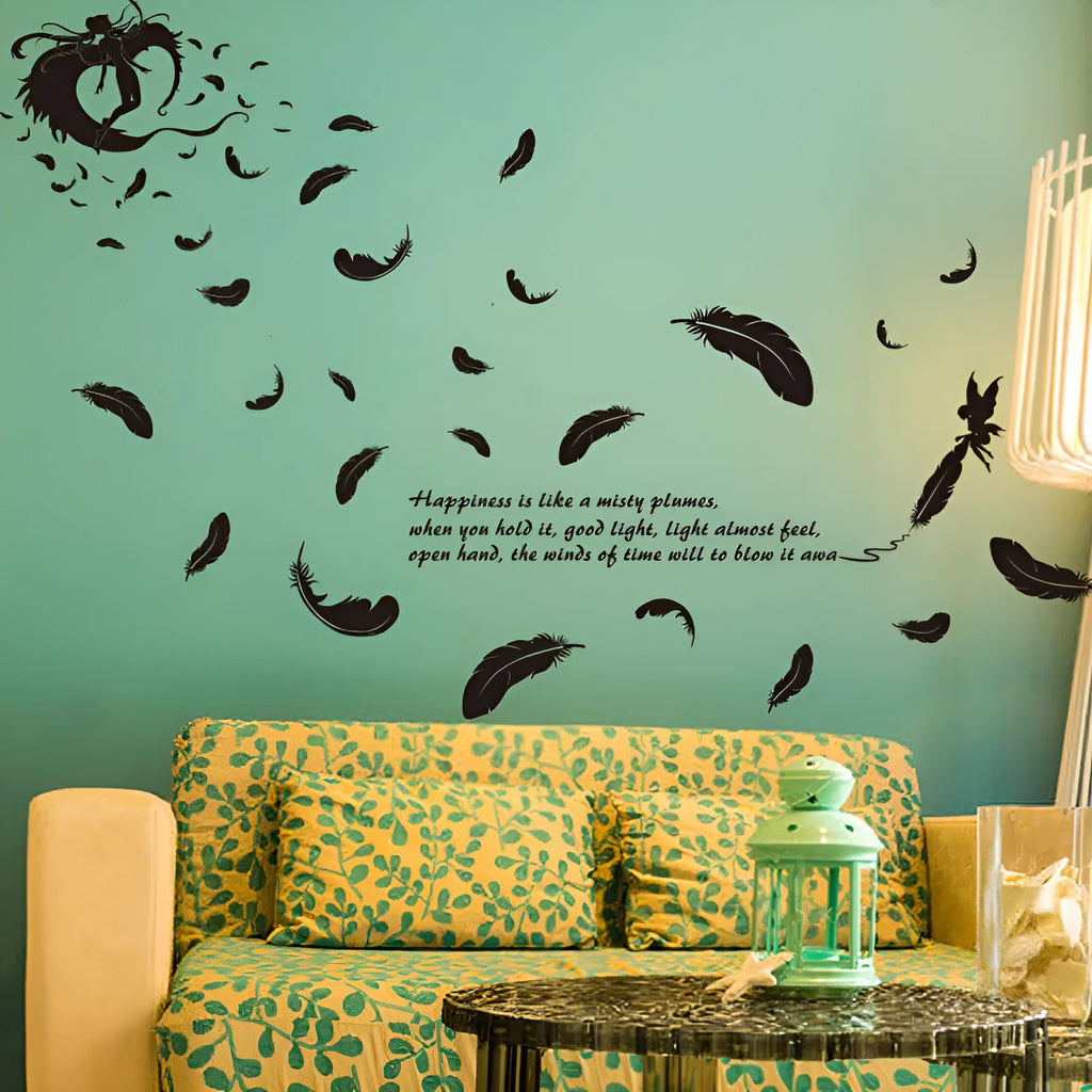 Black feather angel design removable wall sticker measuring 50x70cm for bedroom and living room decoration