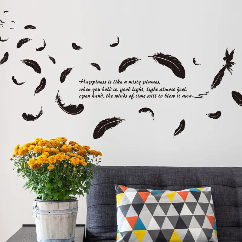 Black feather angel design removable wall sticker measuring 50x70cm for bedroom and living room decoration