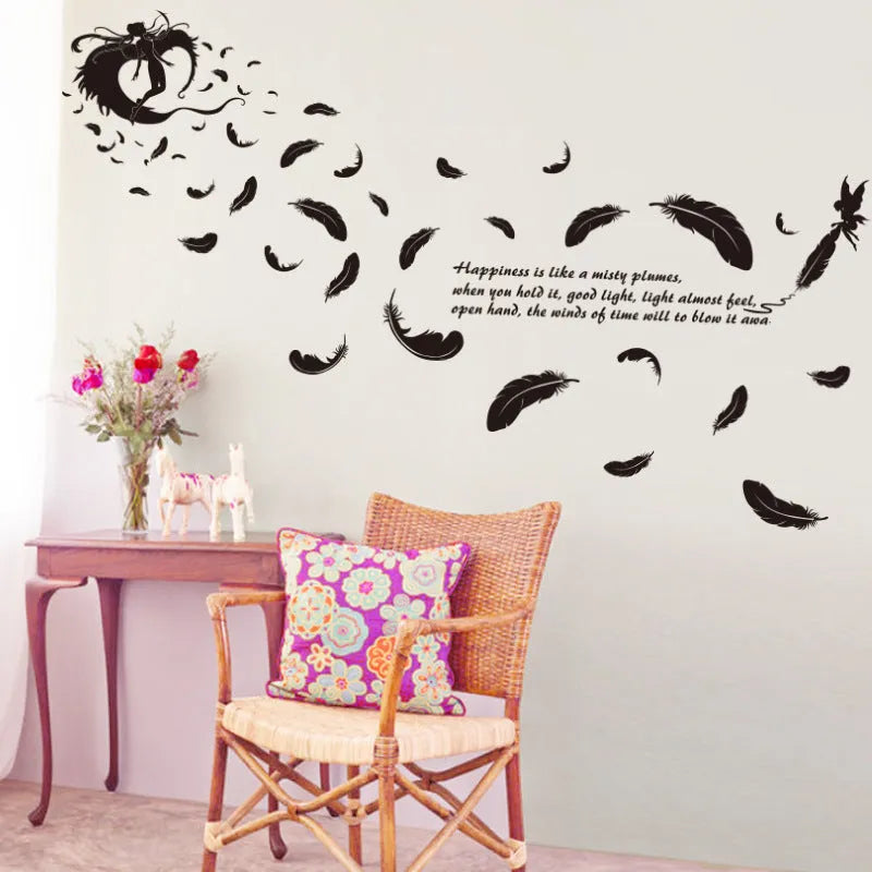 Black feather angel design removable wall sticker measuring 50x70cm for bedroom and living room decoration