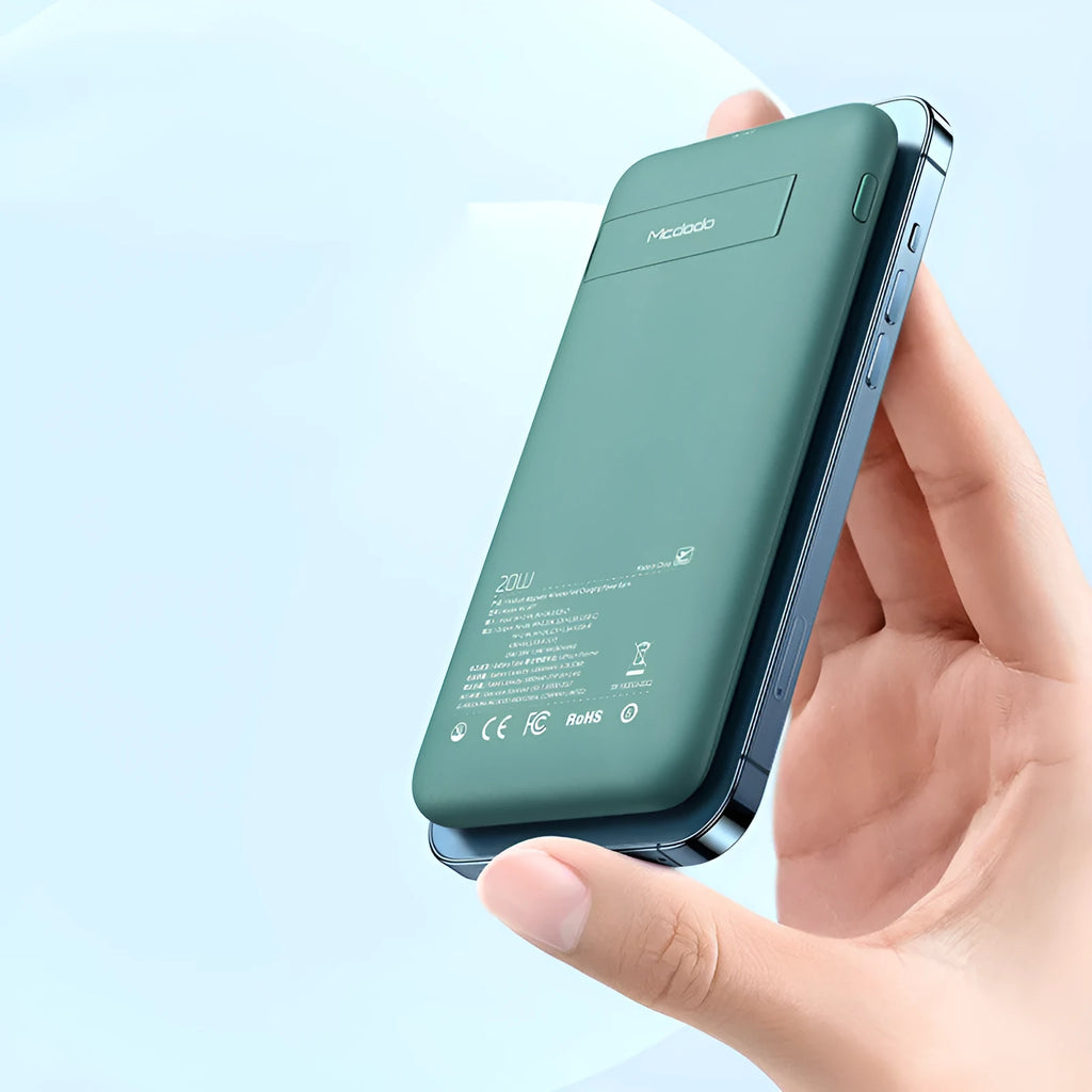 Mint green magnetic wireless power bank with back clip showing dimensions 15.5cm x 7.5cm