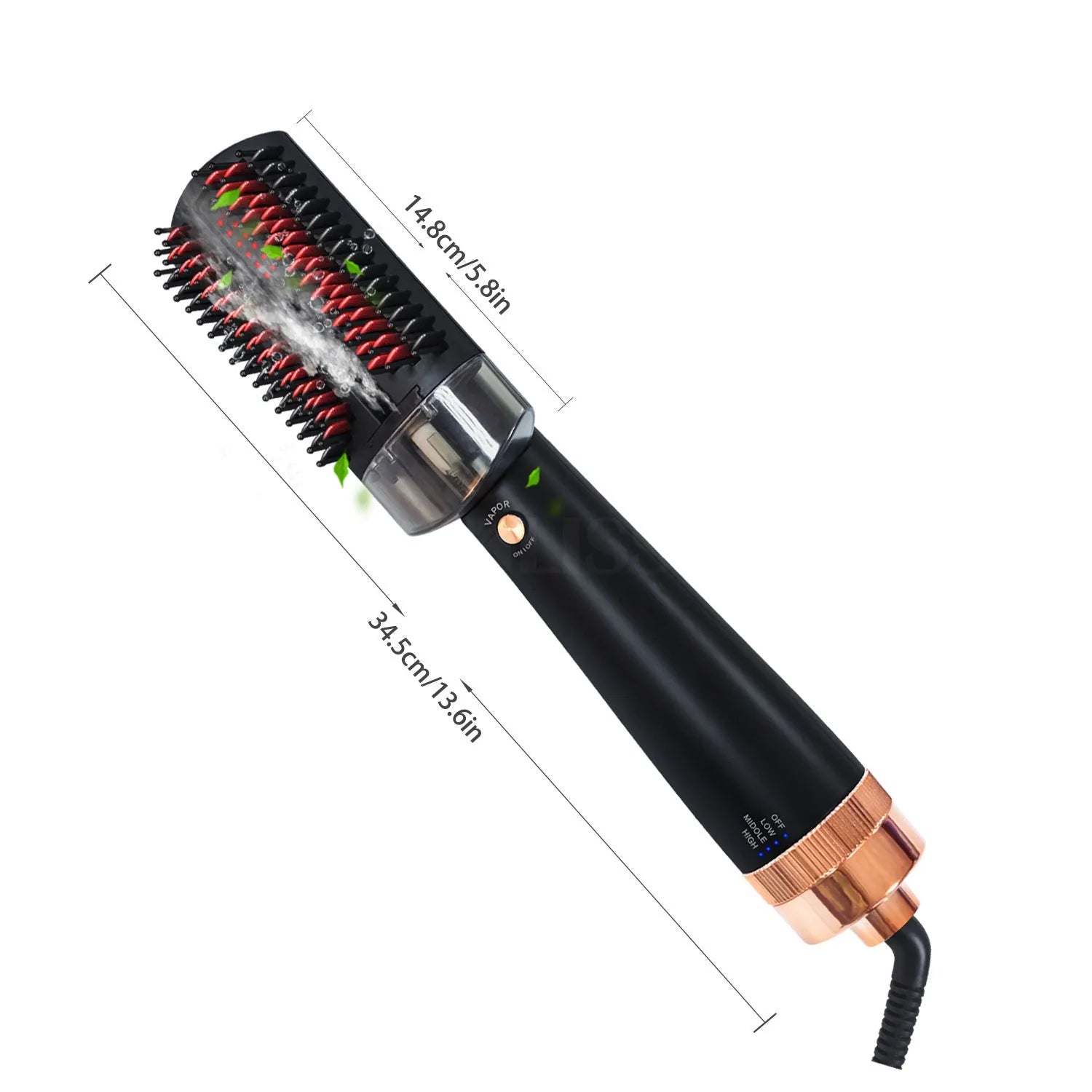 Black and pink infrared hot air styling comb with tourmaline ceramic heat conductor.