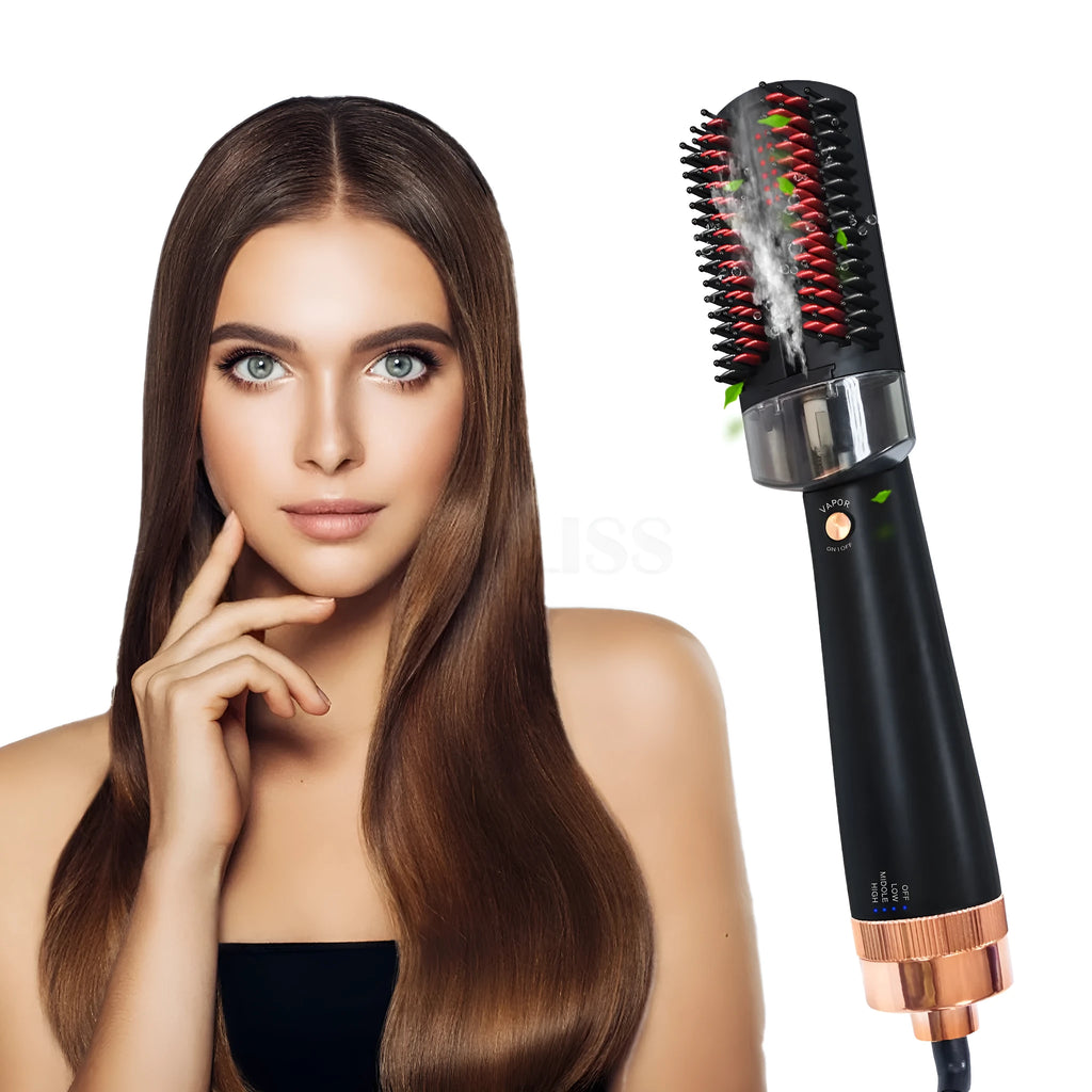 Black and pink infrared hot air styling comb with tourmaline ceramic heat conductor.