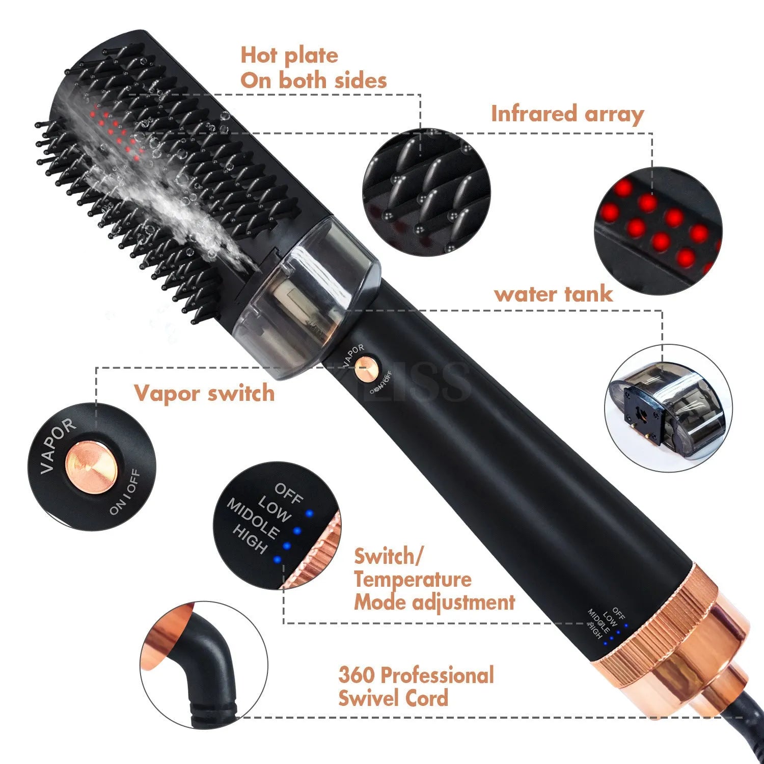 Black and pink infrared hot air styling comb with tourmaline ceramic heat conductor.
