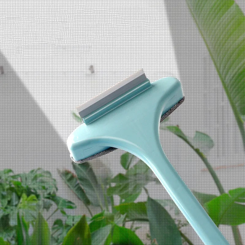 Window cleaning tool set with sassafras handle showing cleaning brush, crevice brush, and glass scraper attachments