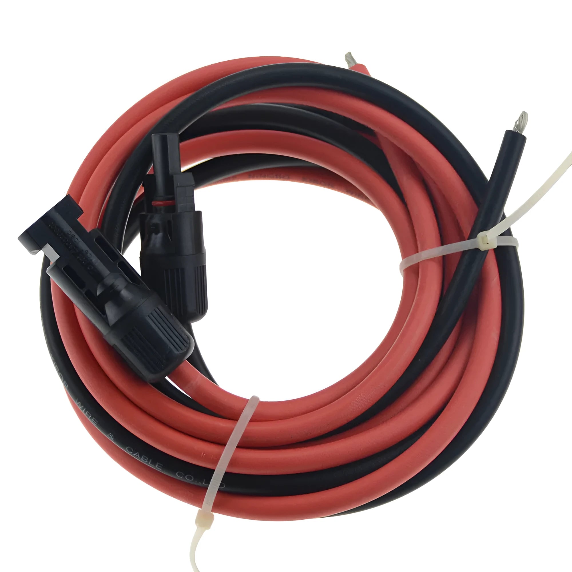 Black and red single core MC4 solar panel extension cable on a reel with tinned copper conductor.