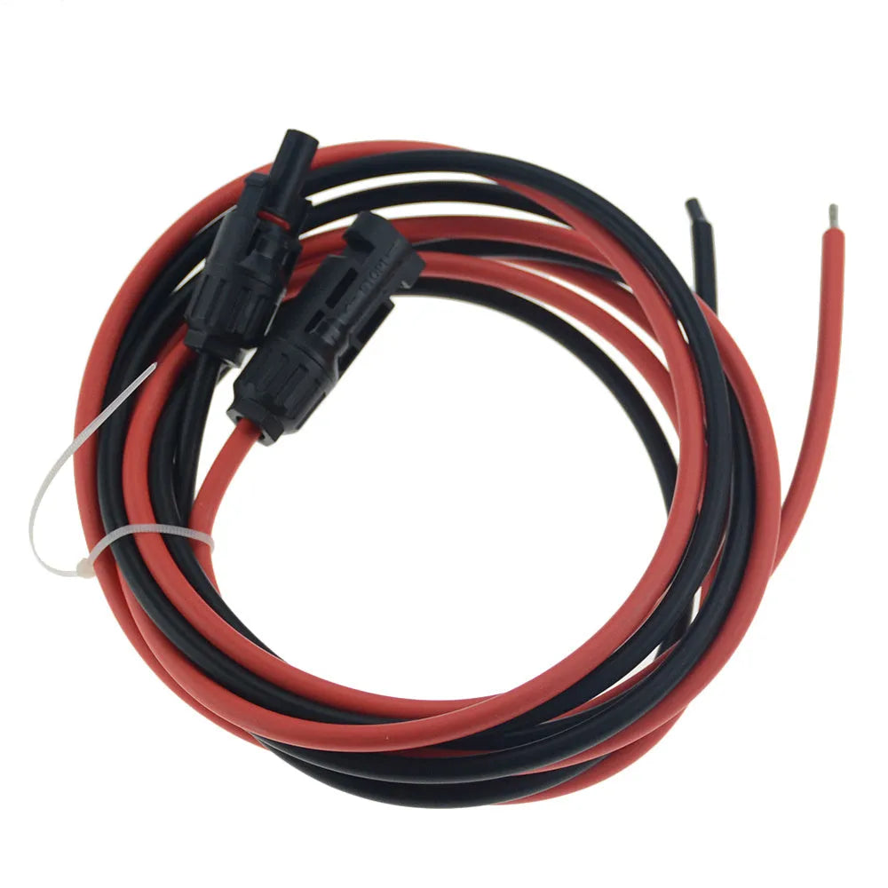 Black and red single core MC4 solar panel extension cable on a reel with tinned copper conductor.