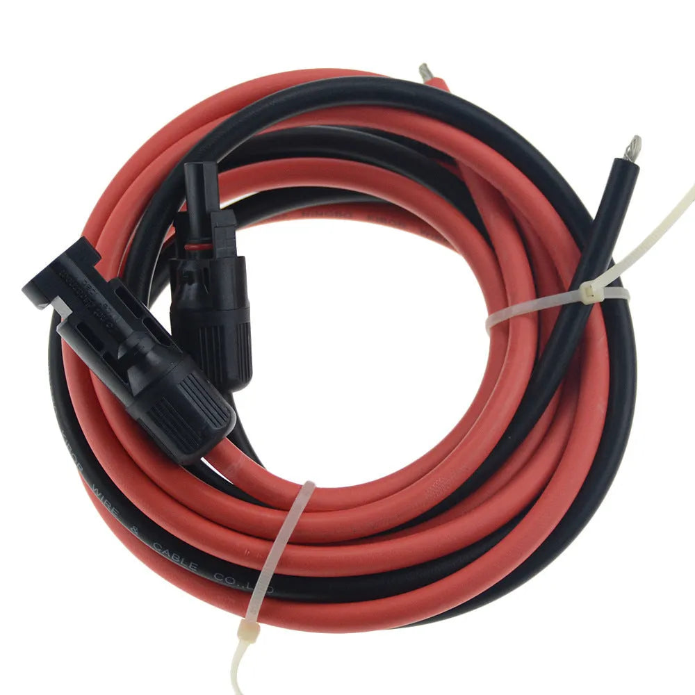 Black and red single core MC4 solar panel extension cable on a reel with tinned copper conductor.