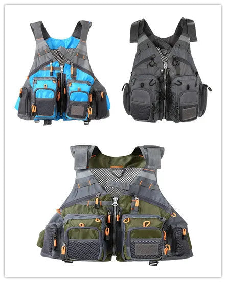 Grey fishing life jacket safety vest with multiple chest pockets and adjustable straps on mannequin