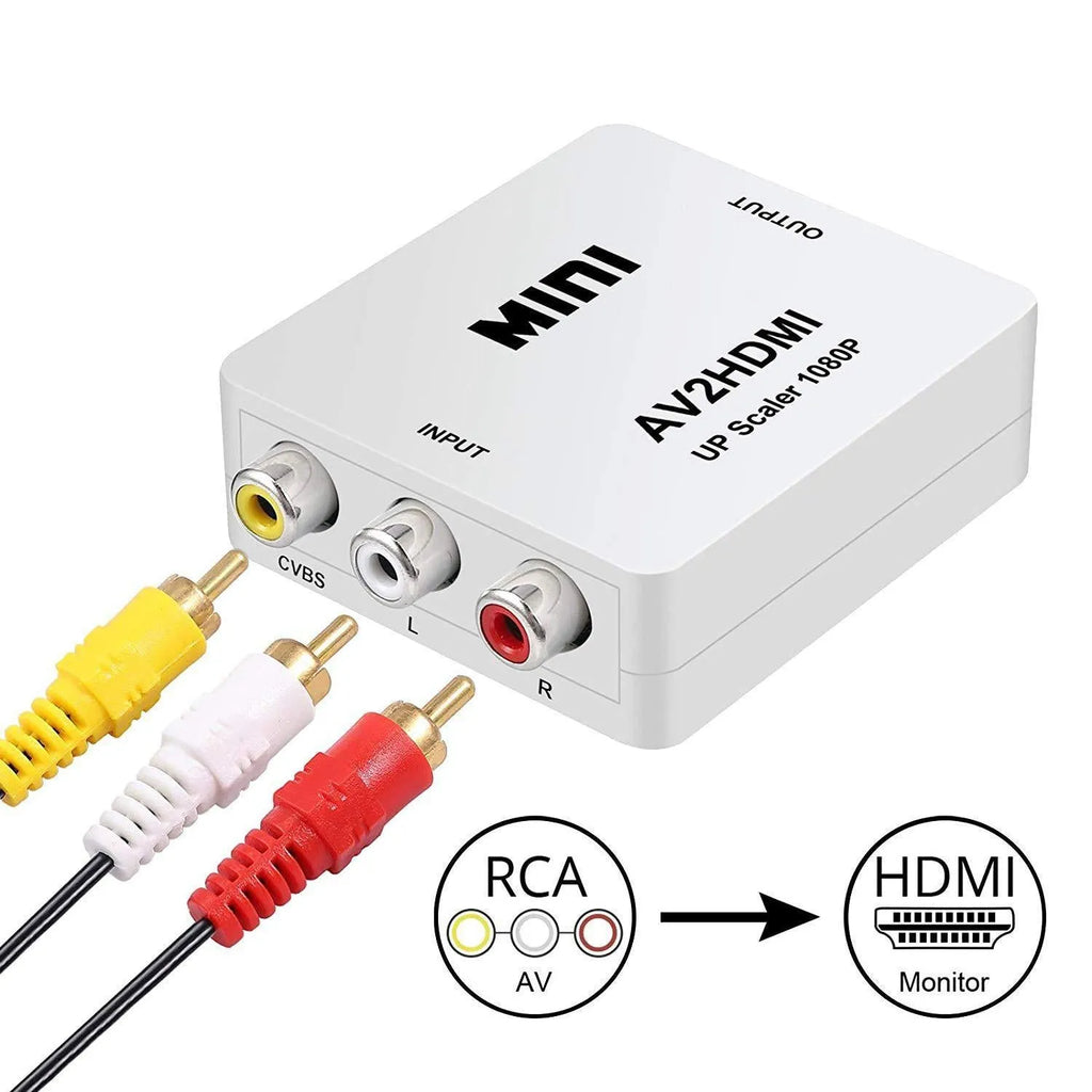 Compact black and white AV to HDMI video converter with a short attached cable for 1080P TV connections.