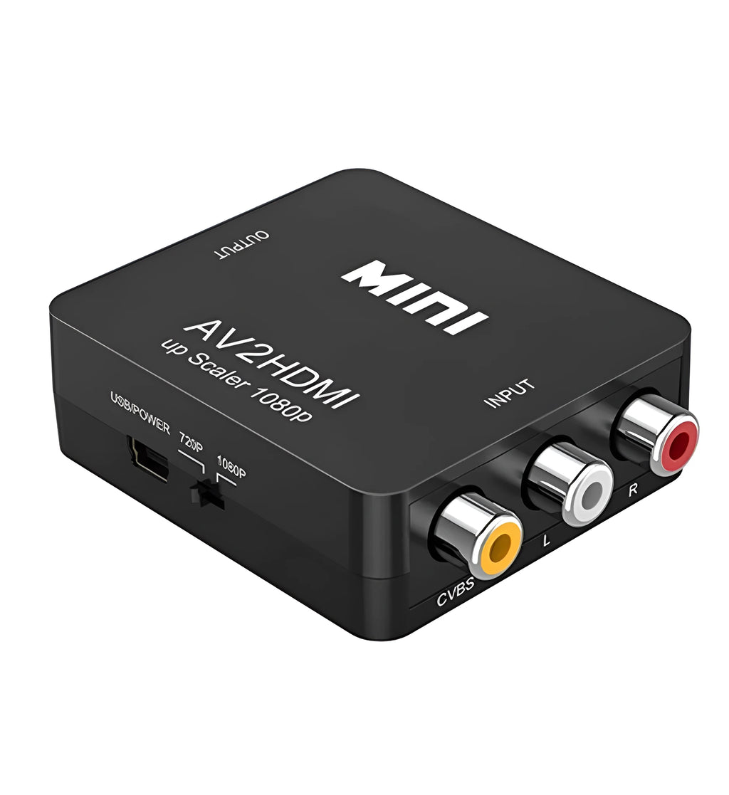 Compact black and white AV to HDMI video converter with a short attached cable for 1080P TV connections.