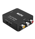 Compact black and white AV to HDMI video converter with a short attached cable for 1080P TV connections.