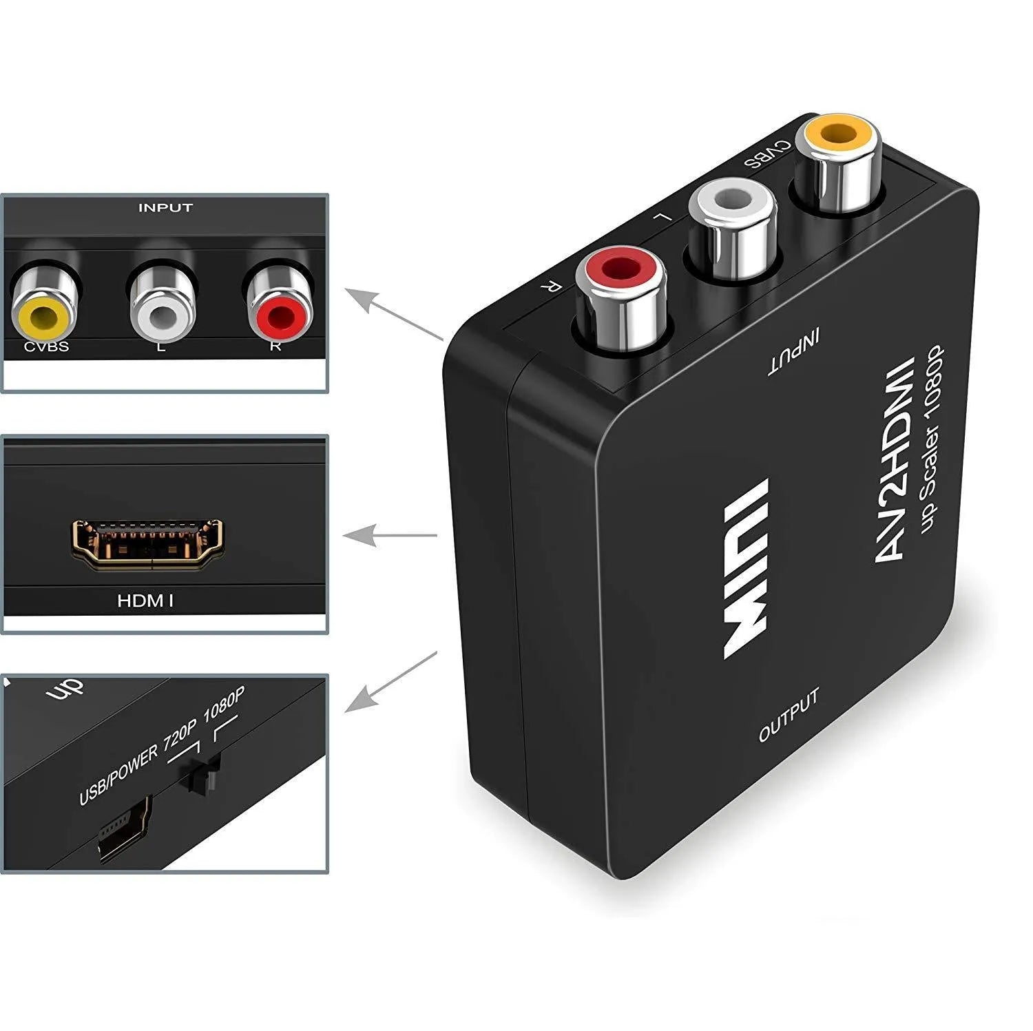 Compact black and white AV to HDMI video converter with a short attached cable for 1080P TV connections.