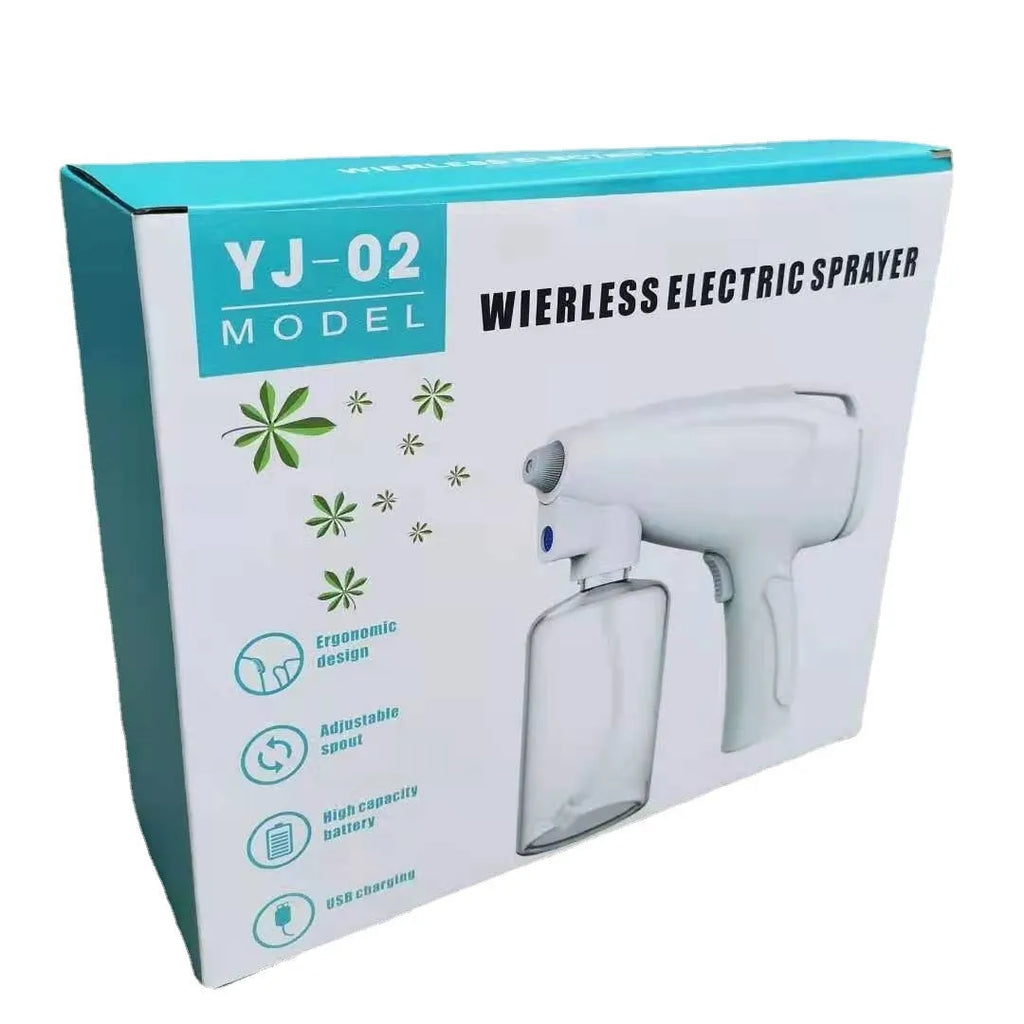 White handheld cordless electric disinfection spray gun with USB charging port