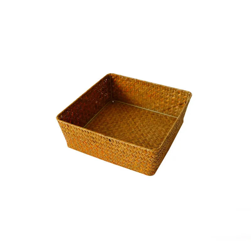 Woven straw storage box organiser for desktop with multiple size options and natural fibre construction