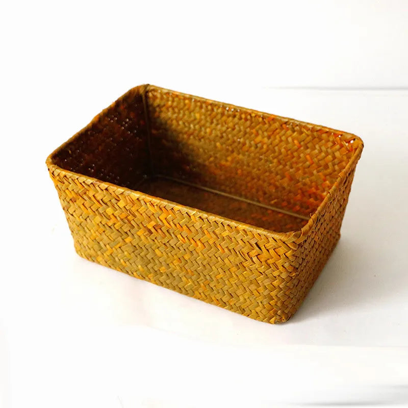 Woven straw storage box organiser for desktop with multiple size options and natural fibre construction