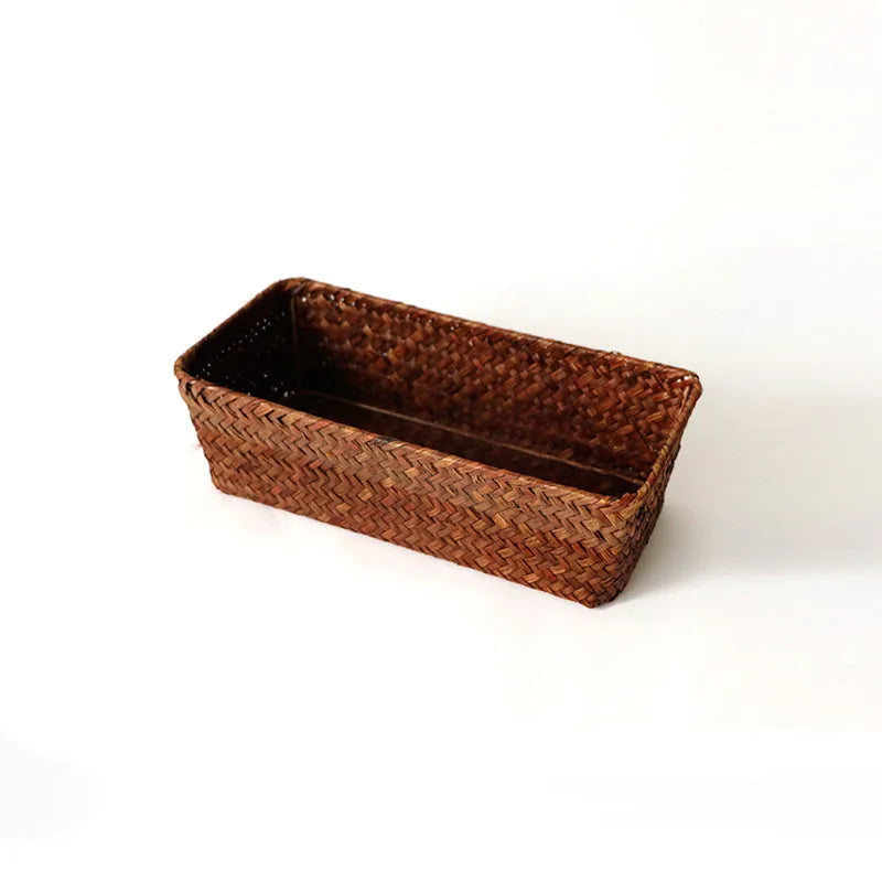 Woven straw storage box organiser for desktop with multiple size options and natural fibre construction