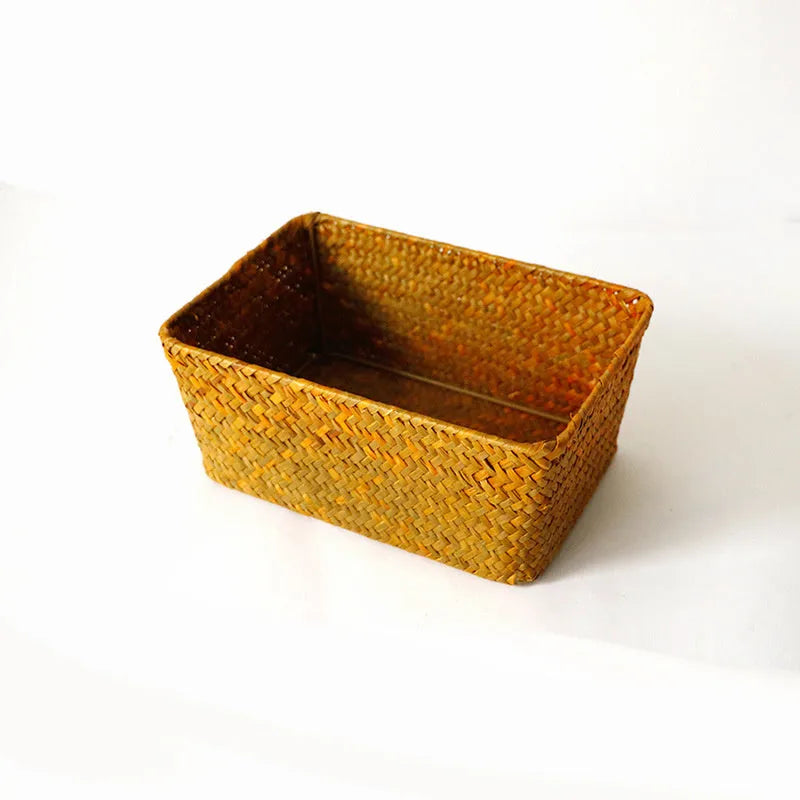 Woven straw storage box organiser for desktop with multiple size options and natural fibre construction