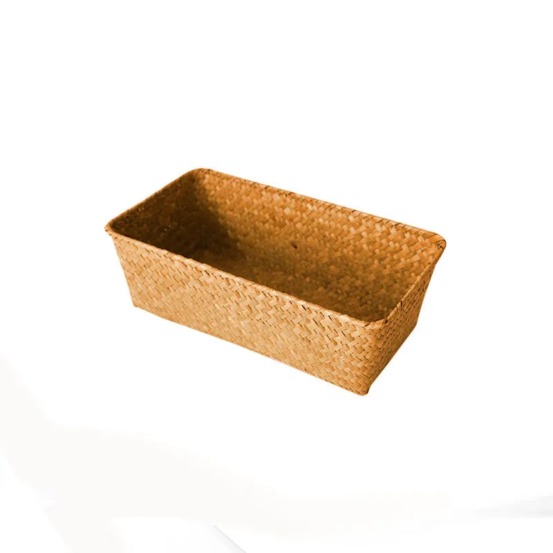 Woven straw storage box organiser for desktop with multiple size options and natural fibre construction