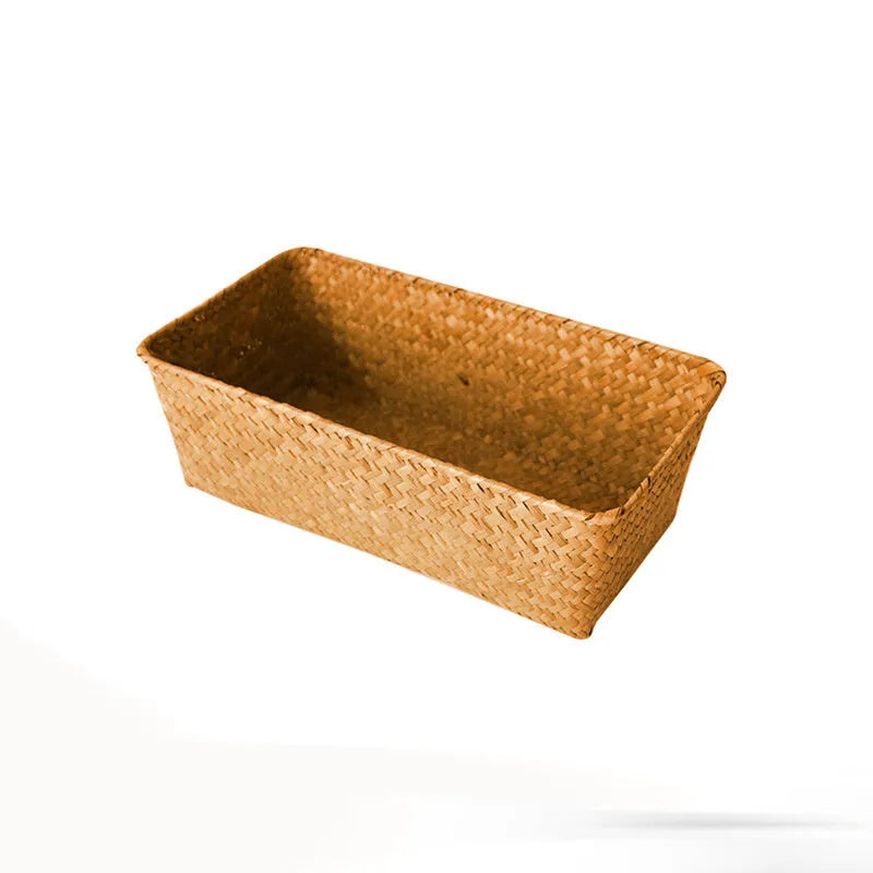 Woven straw storage box organiser for desktop with multiple size options and natural fibre construction