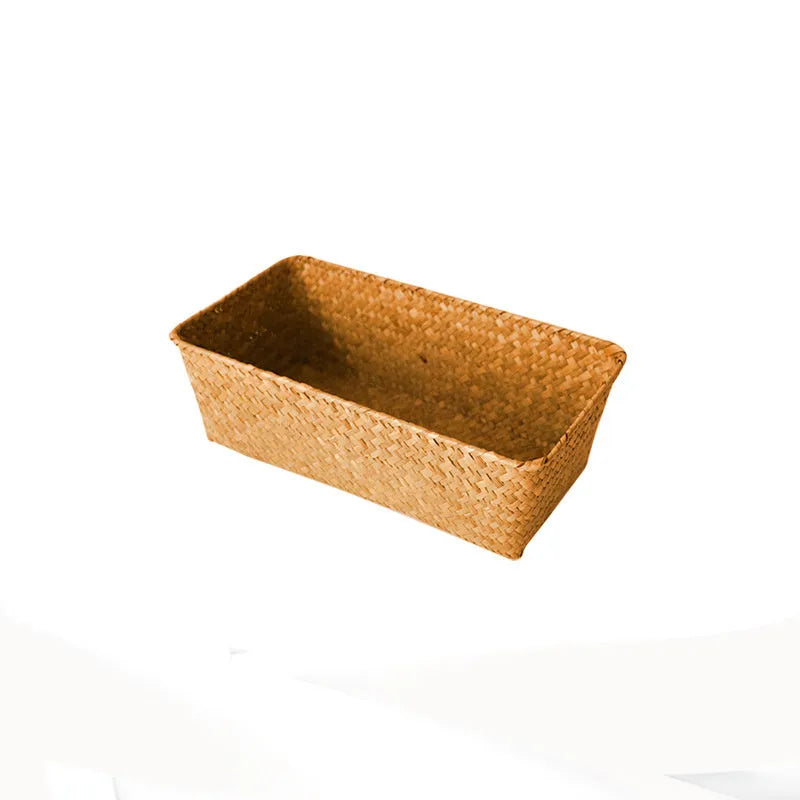 Woven straw storage box organiser for desktop with multiple size options and natural fibre construction