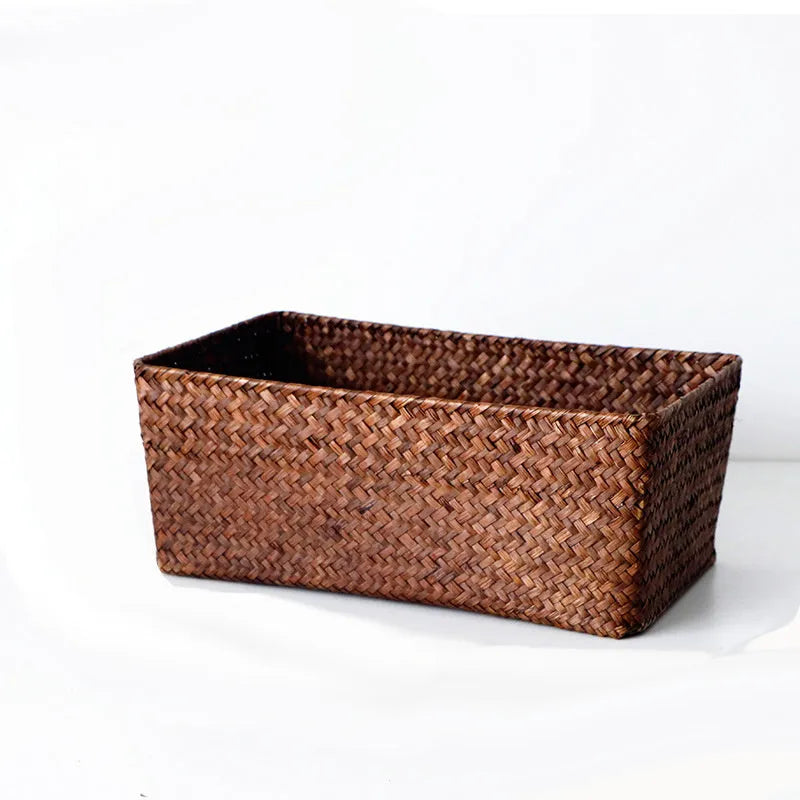 Woven straw storage box organiser for desktop with multiple size options and natural fibre construction