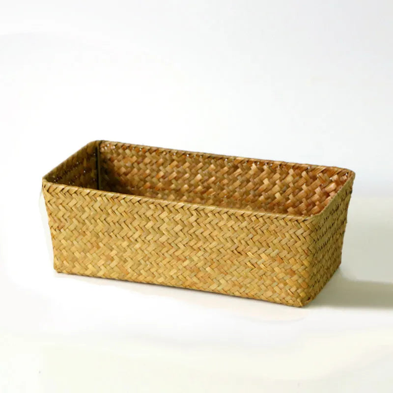 Woven straw storage box organiser for desktop with multiple size options and natural fibre construction