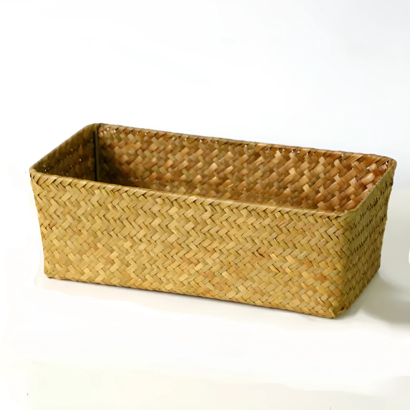 Woven straw storage box organiser for desktop with multiple size options and natural fibre construction