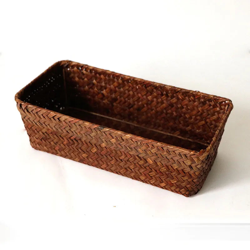 Woven straw storage box organiser for desktop with multiple size options and natural fibre construction