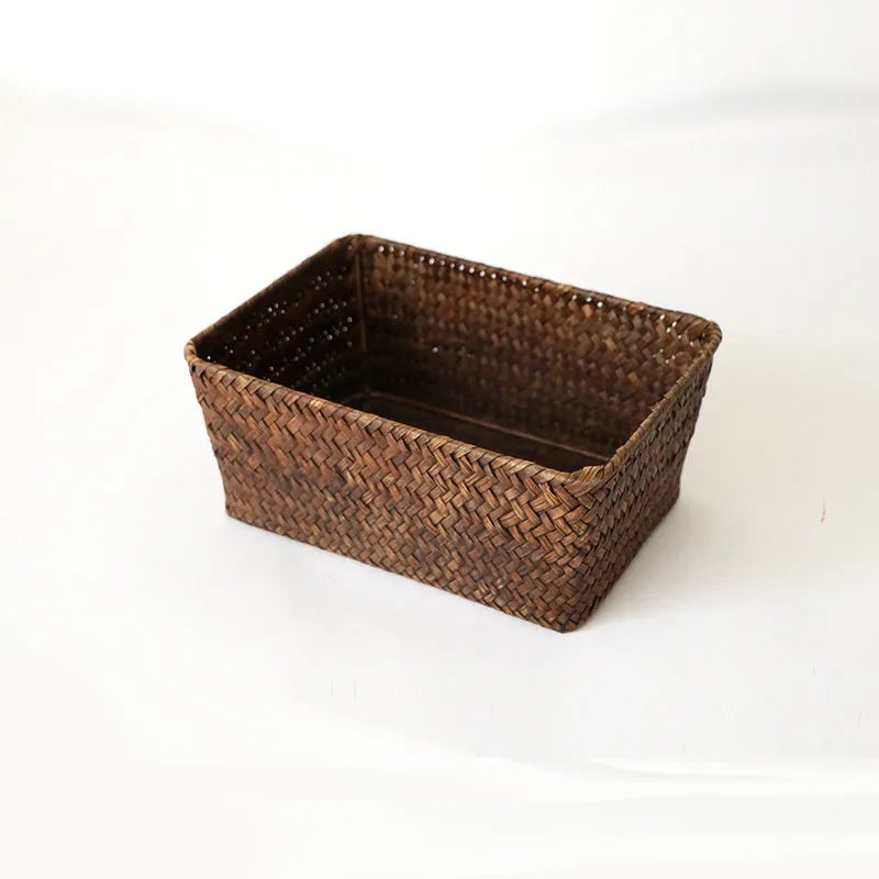 Woven straw storage box organiser for desktop with multiple size options and natural fibre construction