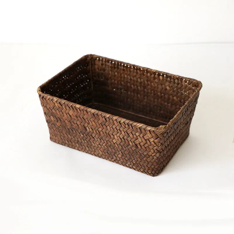 Woven straw storage box organiser for desktop with multiple size options and natural fibre construction