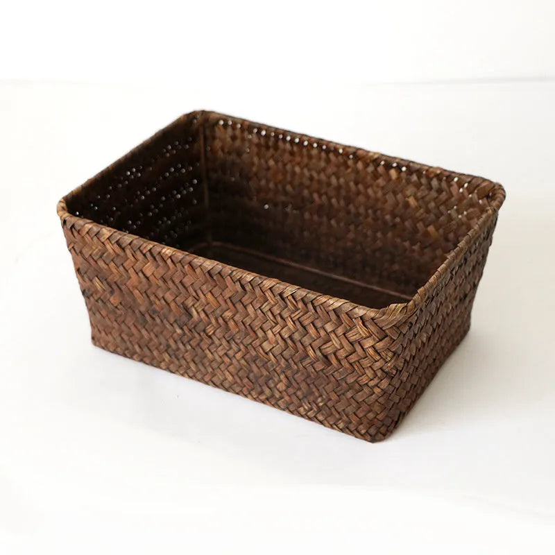 Woven straw storage box organiser for desktop with multiple size options and natural fibre construction
