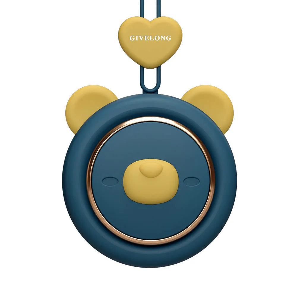 Mini bladeless neck band fan with hanging rope shown in blue, a portable personal cooling device.