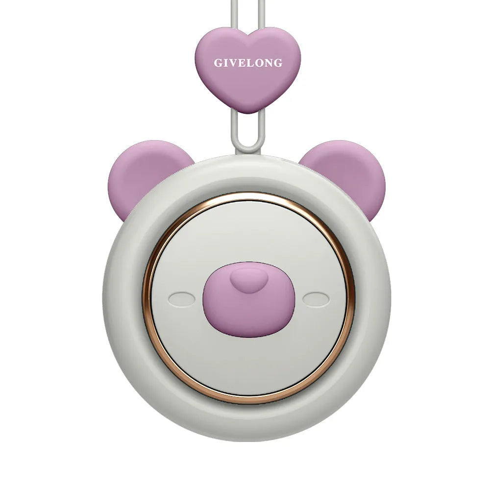 Mini bladeless neck band fan with hanging rope shown in blue, a portable personal cooling device.