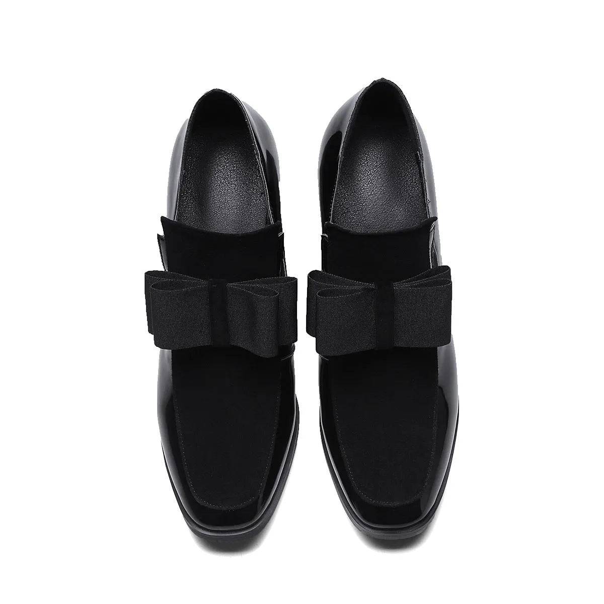Black patent leather women's high heels with a thick square heel over 8cm high and a square toe.