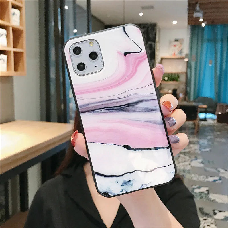 Luxury marble TPU tempered glass protective back cover for iPhone models in multiple colours