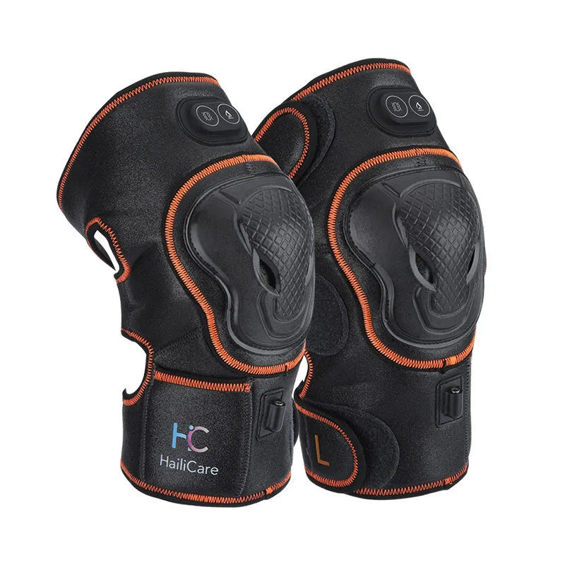 Strong Electric Heating Knee Pads in blue, orange, and silver blue with PU leather surface and rechargeable design for joint pain.