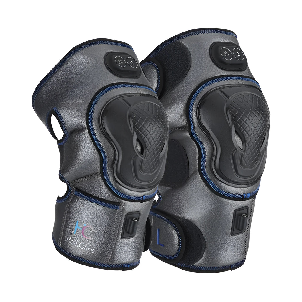 Strong Electric Heating Knee Pads in blue, orange, and silver blue with PU leather surface and rechargeable design for joint pain.