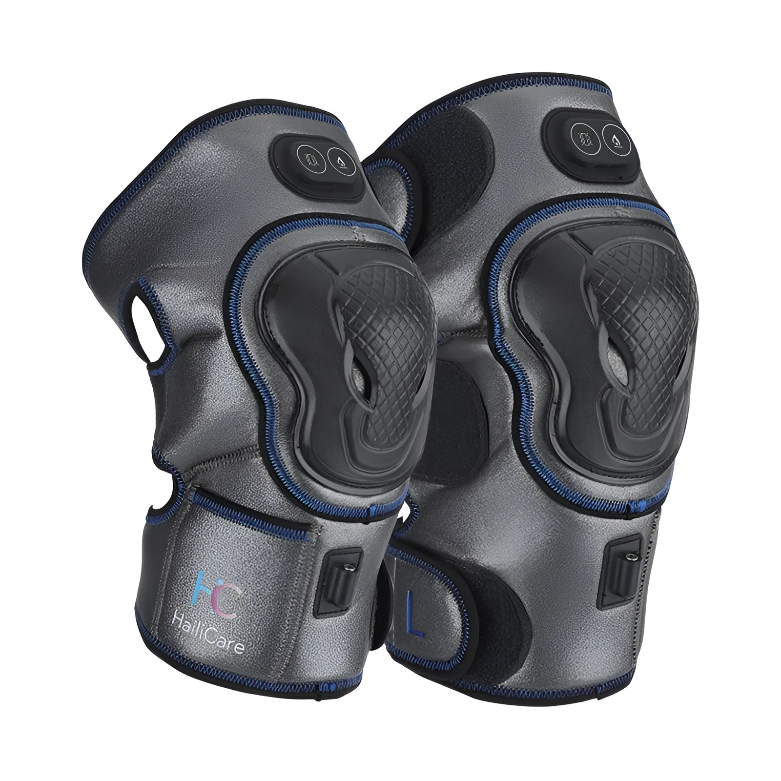 Strong Electric Heating Knee Pads in blue, orange, and silver blue with PU leather surface and rechargeable design for joint pain.