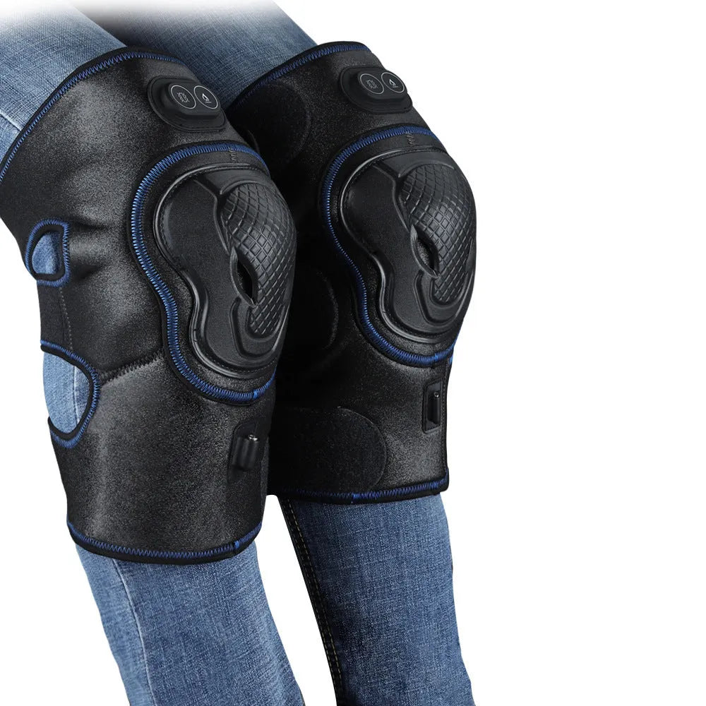 Strong Electric Heating Knee Pads in blue, orange, and silver blue with PU leather surface and rechargeable design for joint pain.